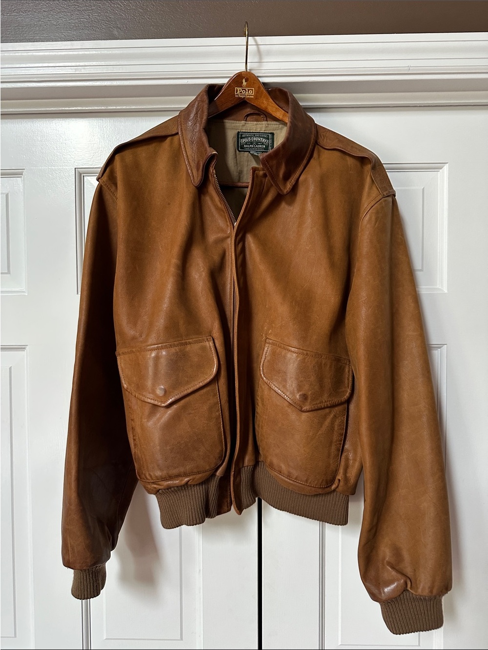Vintage Polo Country Ralph Lauren Tan Leather Bomber Jacket.